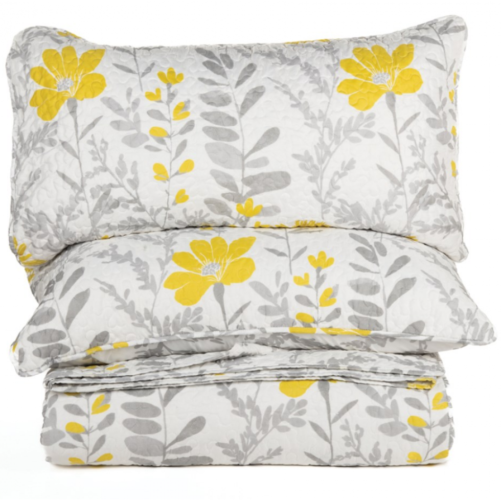 Courtepointe Flavie Brunelli – Grosses fleurs jaunes et grises