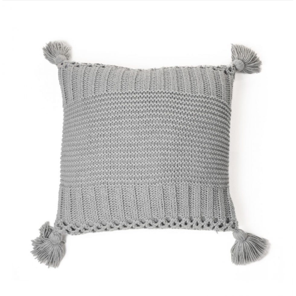Shawn Grey Knitted Cushion with Pom Poms