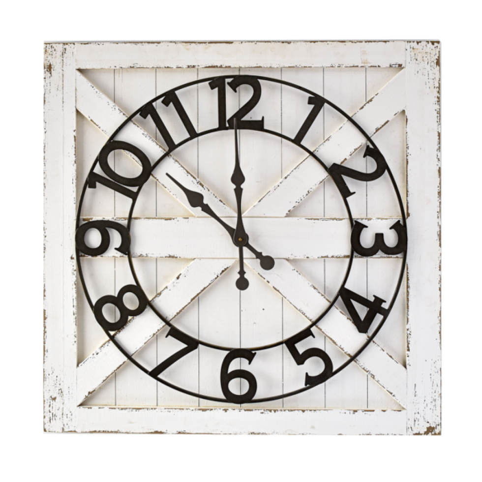 Horloge Murale Shiplap Carrée Style Farmhouse Blanc Vieilli