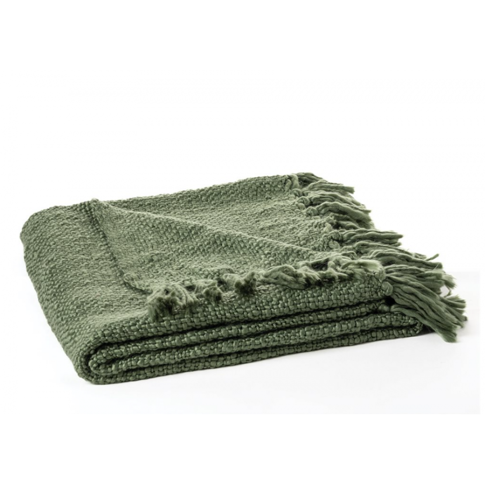 Natural Green Knitted Throw with Fringes