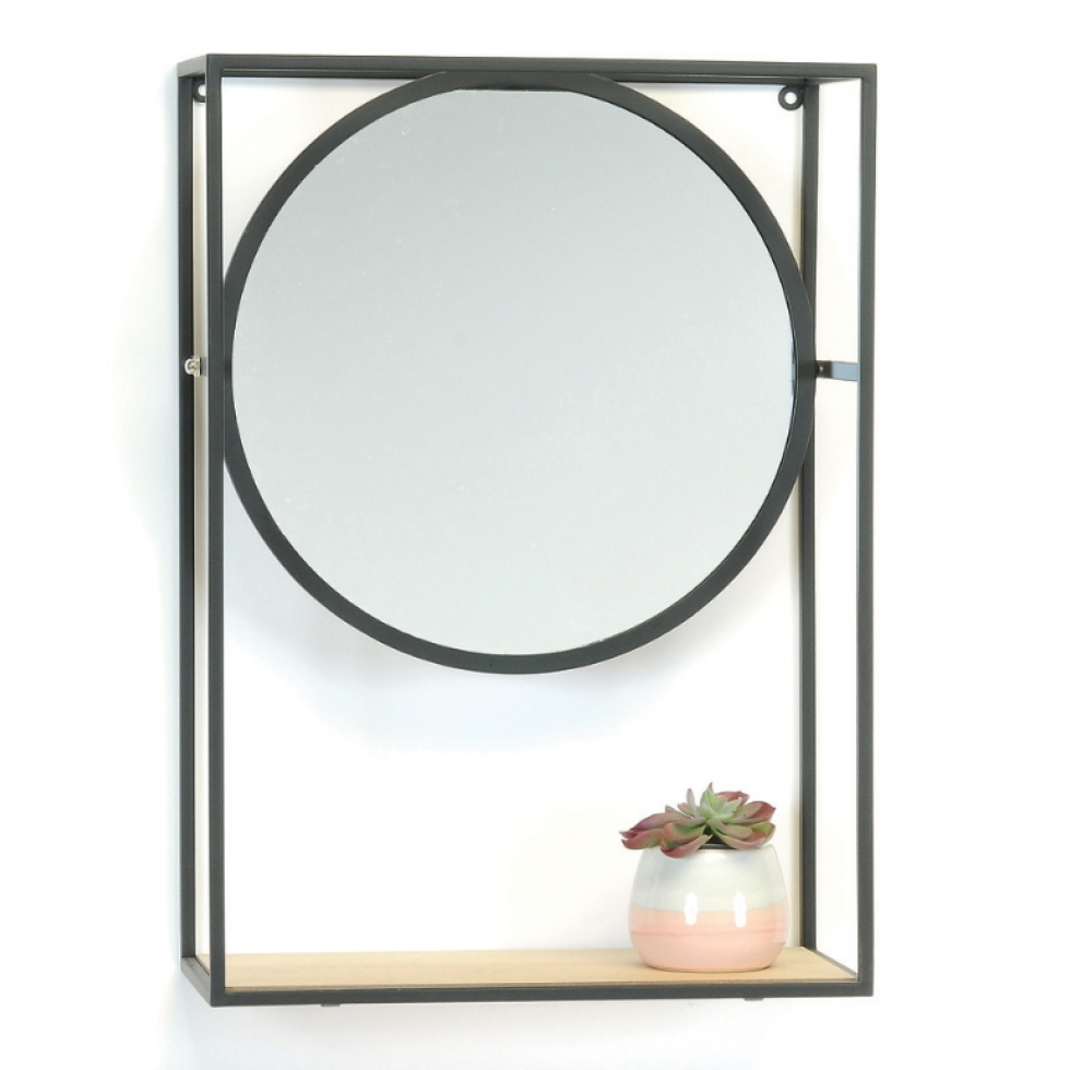 Round Wall Shelf Mirror with Black Metal Frame
