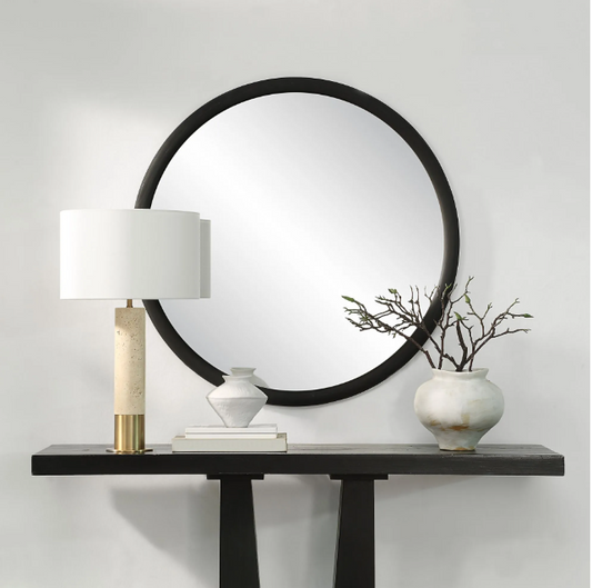 Miroir rond bois noir mat