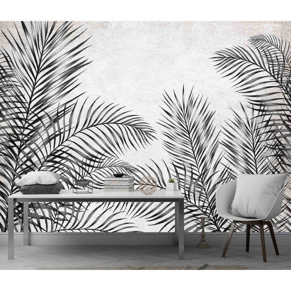 Black Tropical Palm Leaves Mural