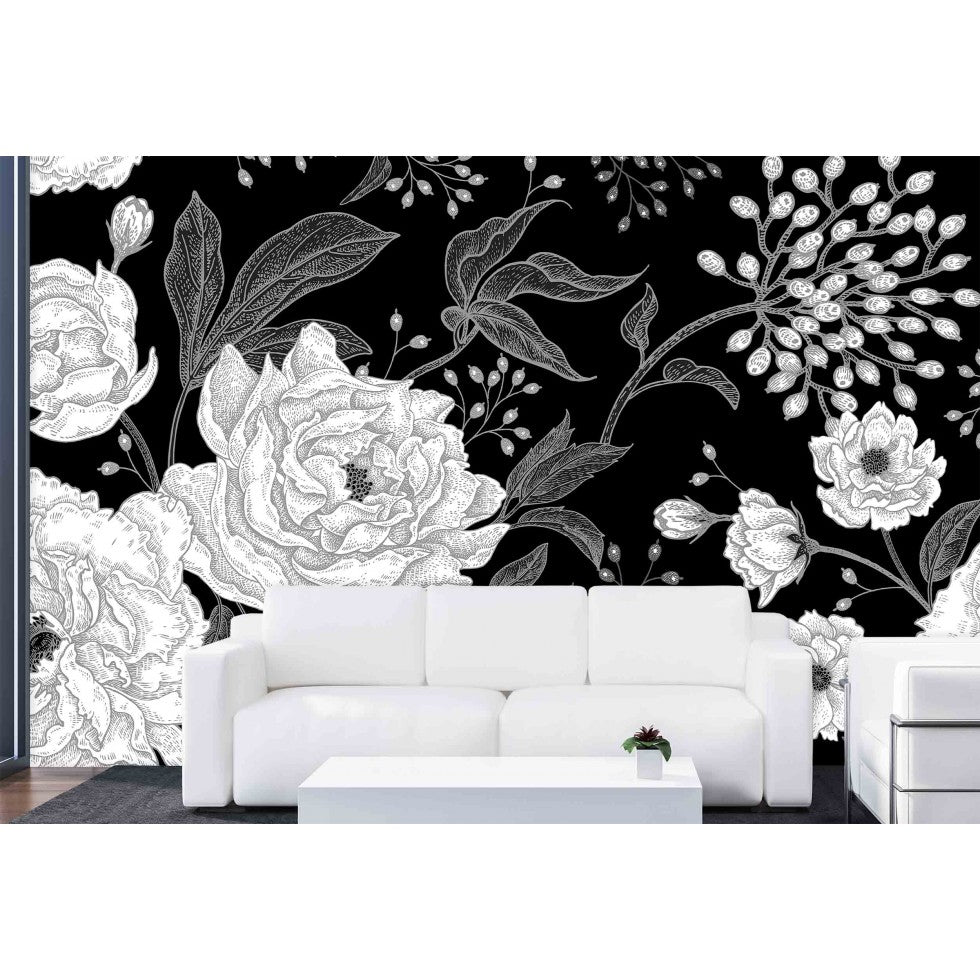Large Black and White Flower Mural
