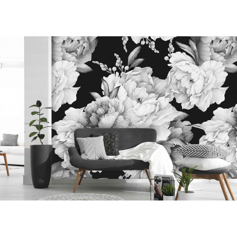 Elegant Black and White Peonies Watercolor Mural