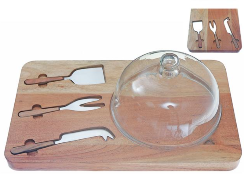Plateau à Fromage en Acacia avec Cloche et Couteaux