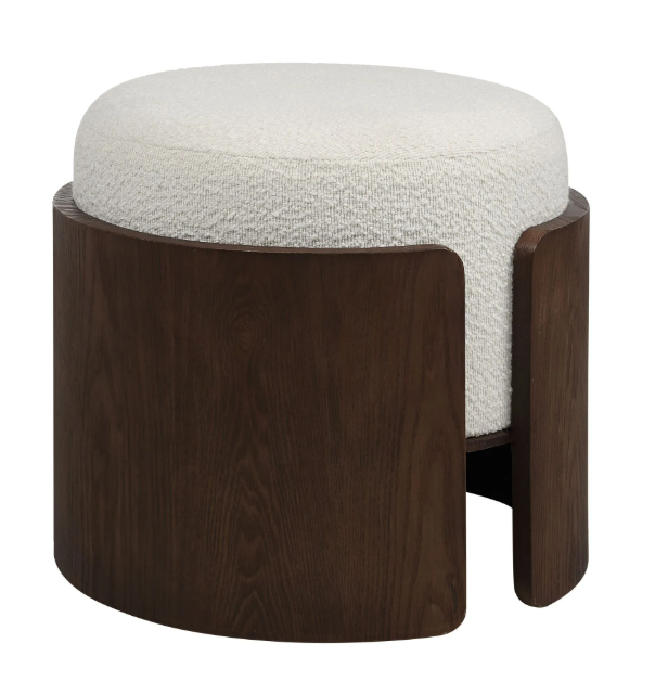 Pouf noyer et tissu boucle blanc cassé