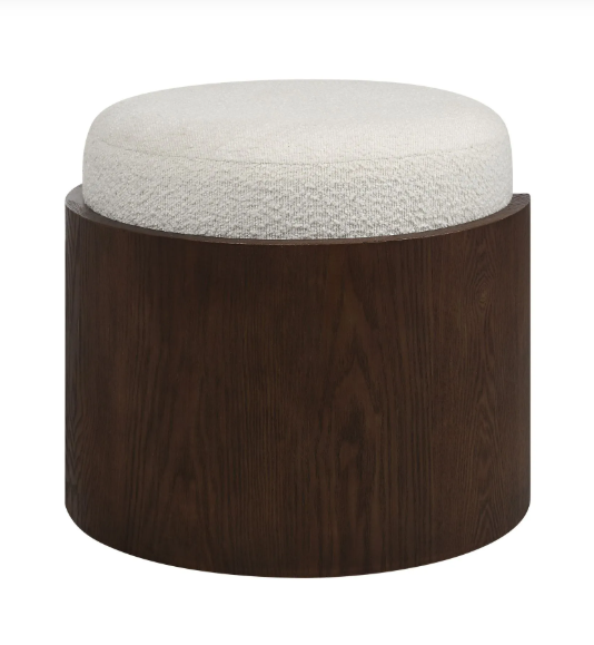 Pouf noyer et tissu boucle blanc cassé