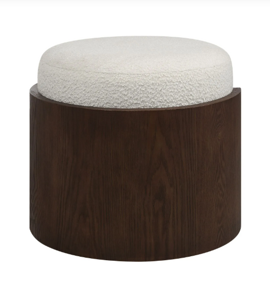 Pouf noyer et tissu boucle blanc cassé