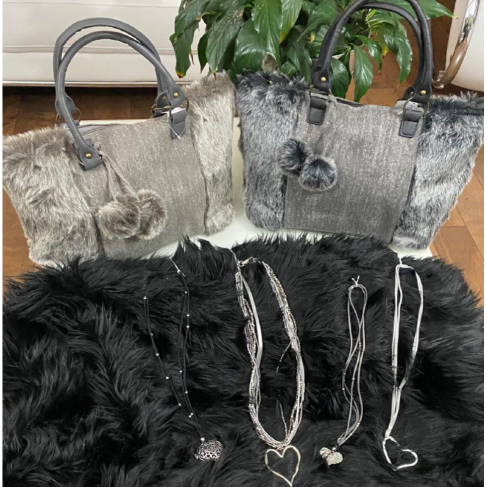 Elegant Grey Faux Fur Handbag