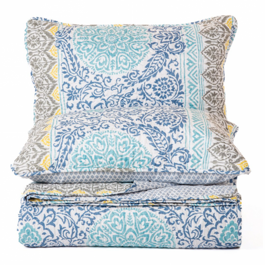 Courtepointe Dominik – Motifs bleu turquoise et jaune soleil