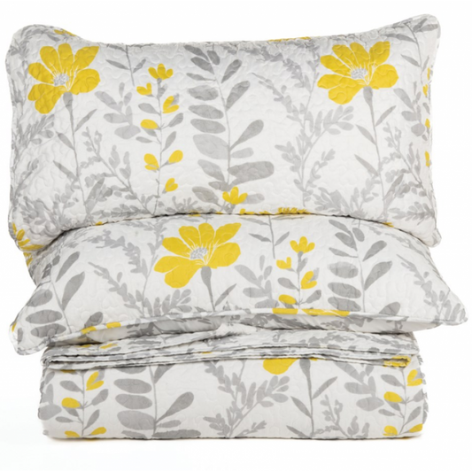 Courtepointe Flavie Brunelli – Grosses fleurs jaunes et grises