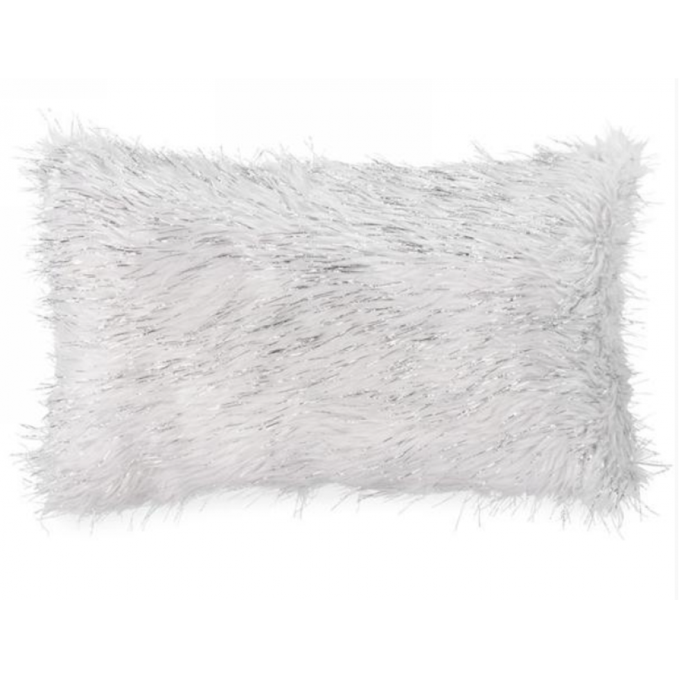 Coussin Rectangulaire Blanc et Argent Fausse Fourrure