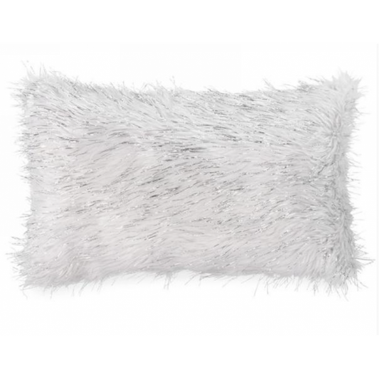 Coussin Rectangulaire Blanc et Argent Fausse Fourrure