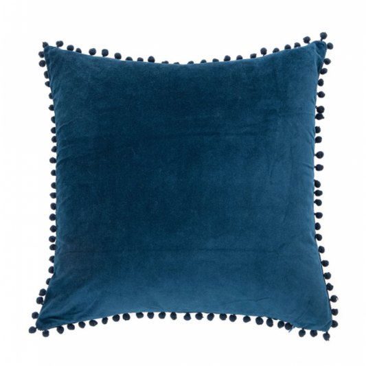 Coussin Bleu Velvet avec Pompons – Élégance Intemporelle