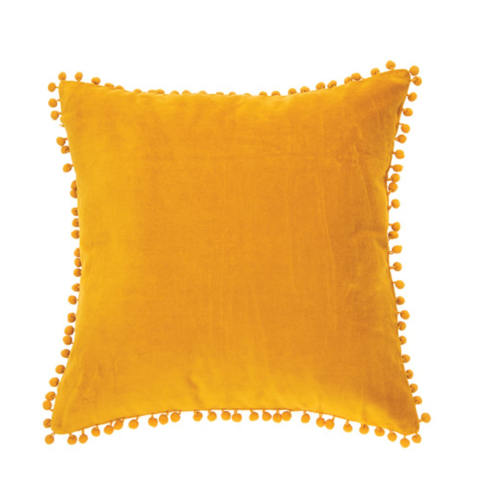 Yellow Velvet Cushion with Pompoms