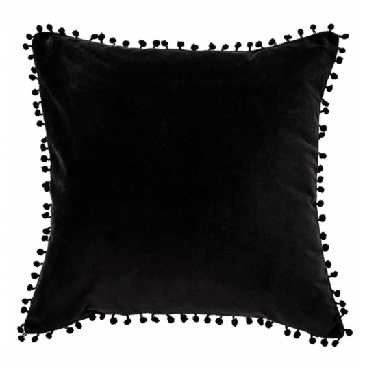 Coussin en Velours Noir avec Pompons