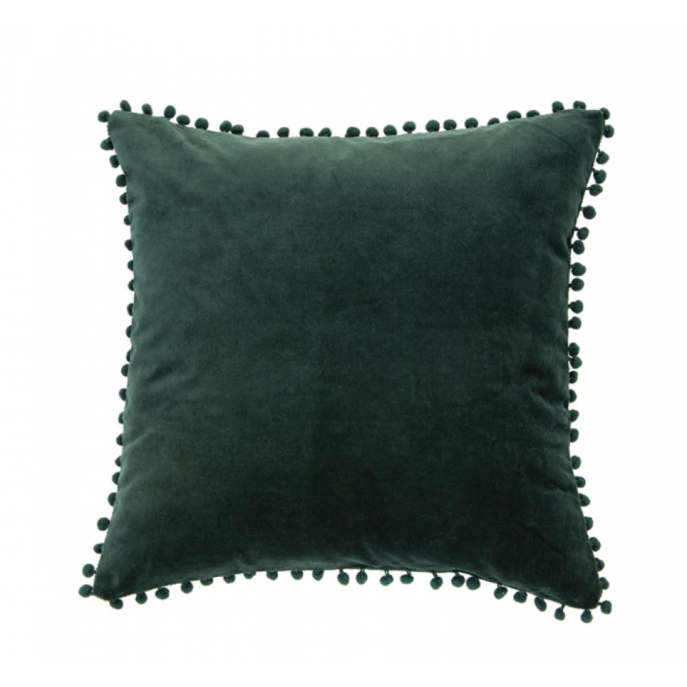 Dark Green Velvet Cushion with Pompoms