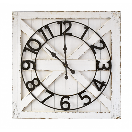Horloge Murale Shiplap Carrée Style Farmhouse Blanc Vieilli