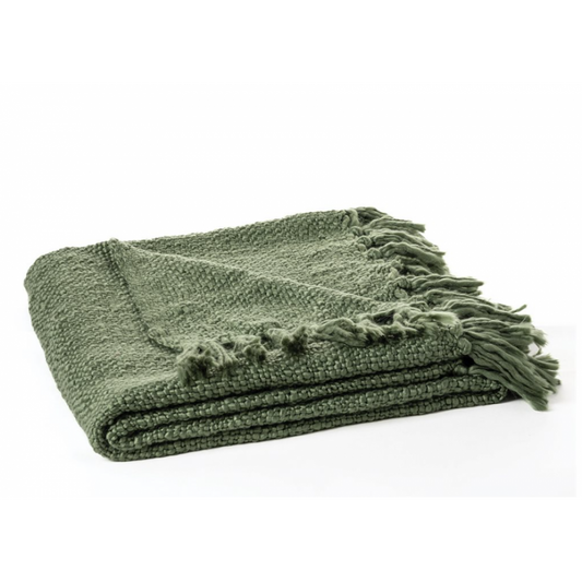 Natural Green Knitted Throw with Fringes