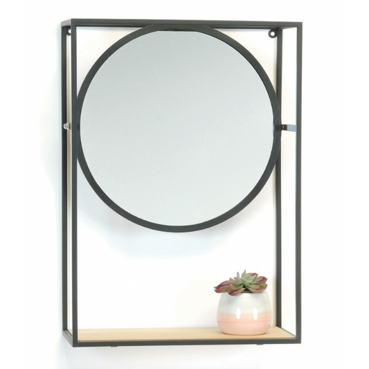 Round Wall Shelf Mirror with Black Metal Frame
