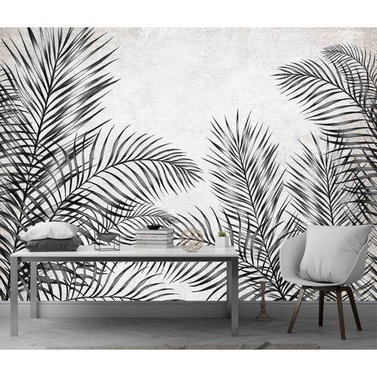 Black Tropical Palm Leaves Mural