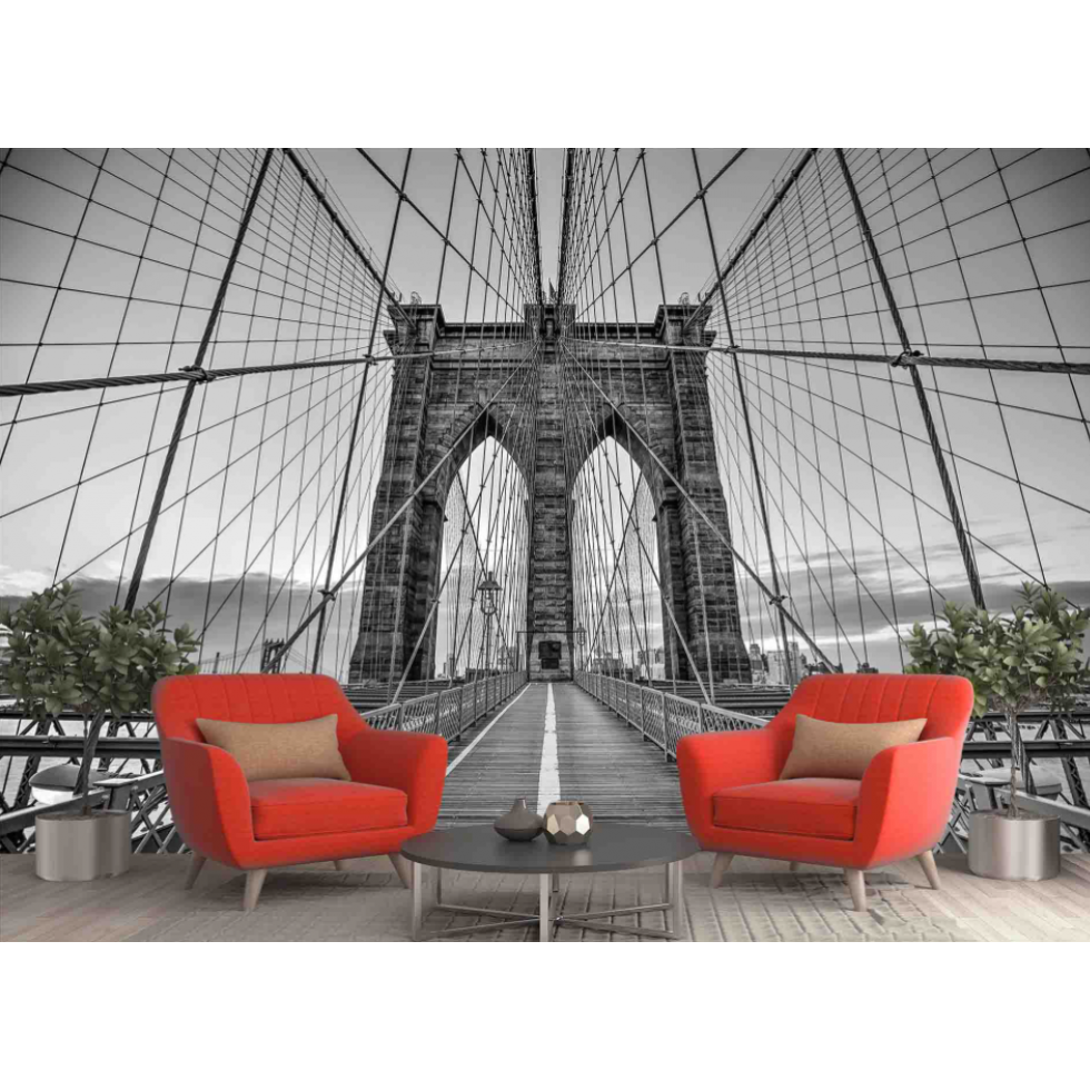 Brooklyn Bridge Mural – Black &amp; White Urban Wallpaper