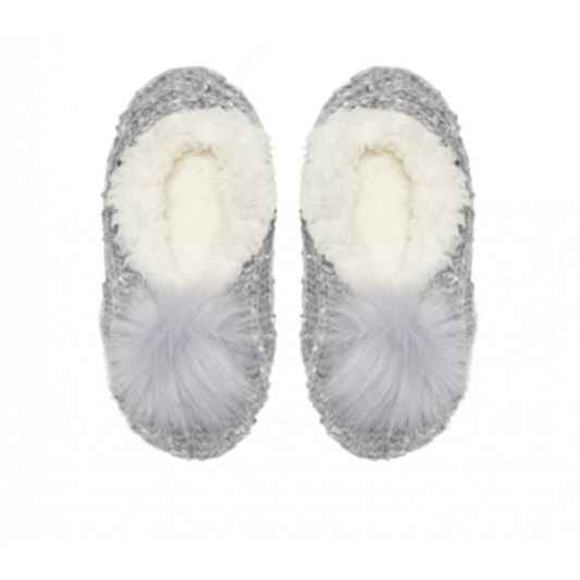 Grey Warm Slippers with Pompoms