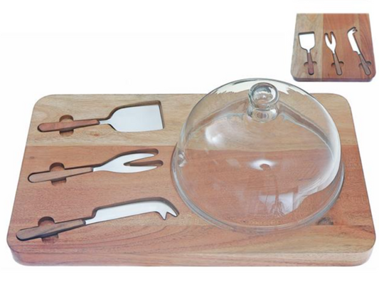 Plateau à Fromage en Acacia avec Cloche et Couteaux