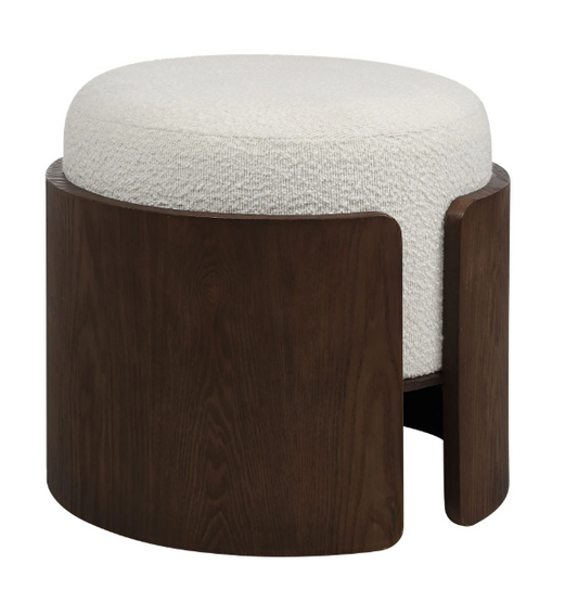 Pouf noyer et tissu boucle blanc cassé