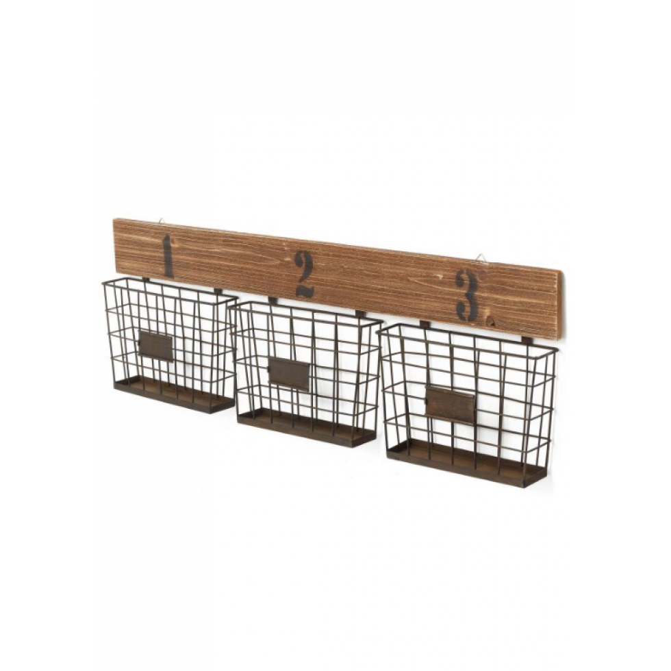 Wall storage unit with 3 numbered metal and wood baskets