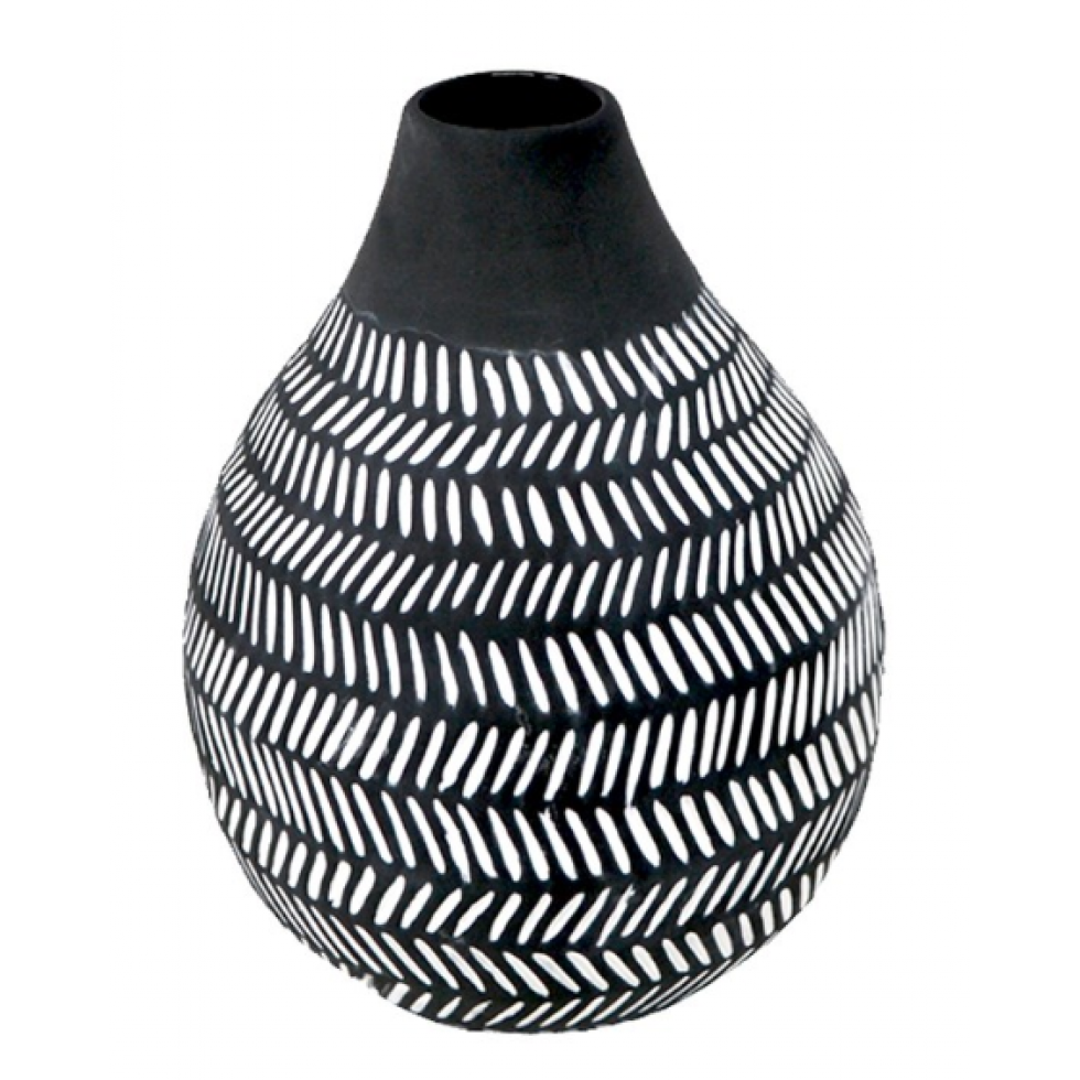 Grey decorative vase with white patterns